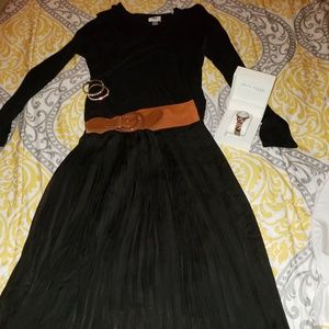 Long Black Maxi Skirt Attached Brown Belt